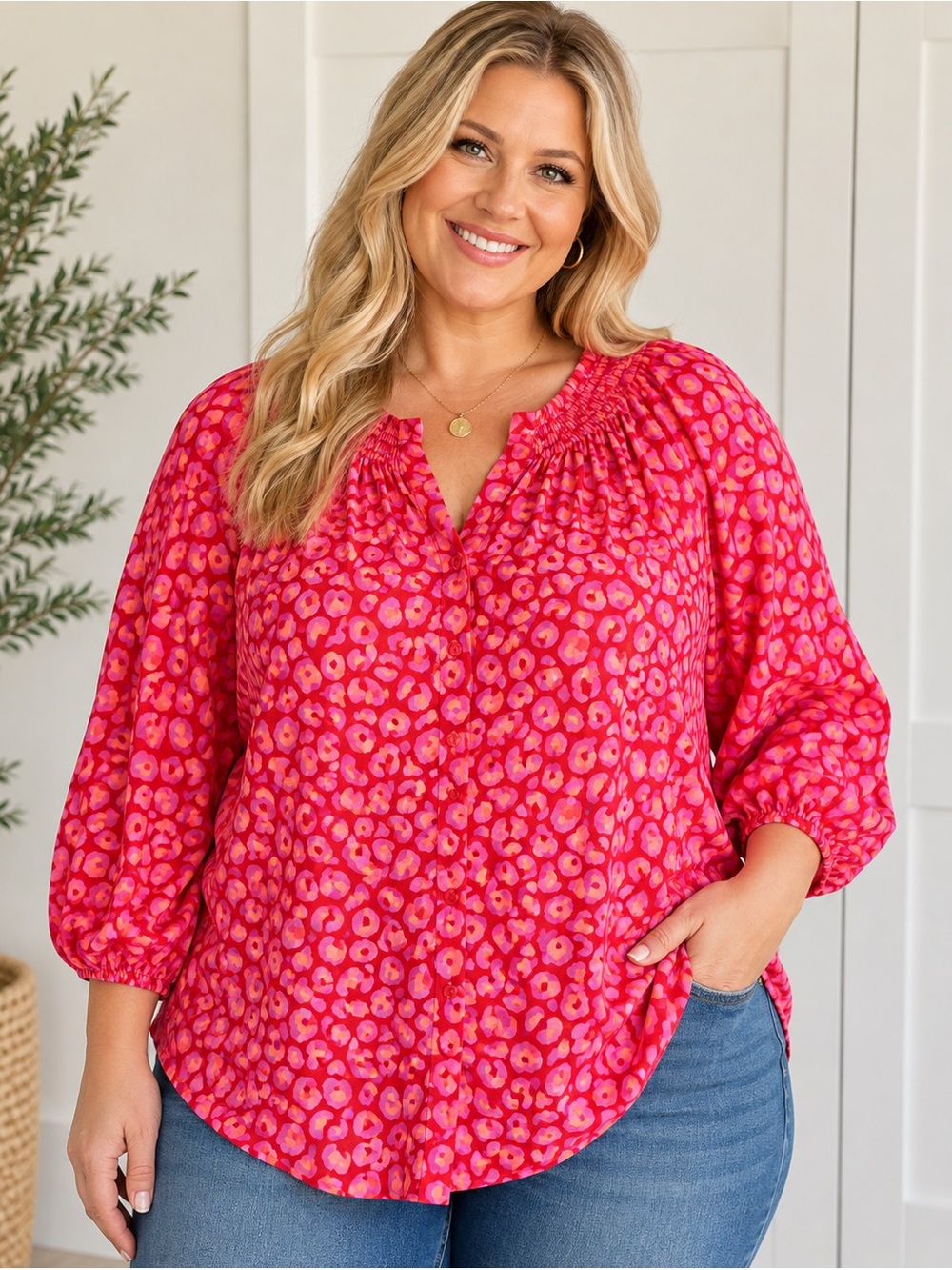 Tucker NYC XL Silk Blend Pink Red Leopard Print Peasant Blouse Boho Top